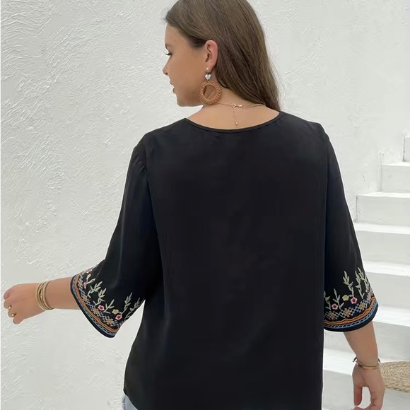 New Plus Size Embroidered Boho Top, Black with Colorful Accents - Picture 3 of 4